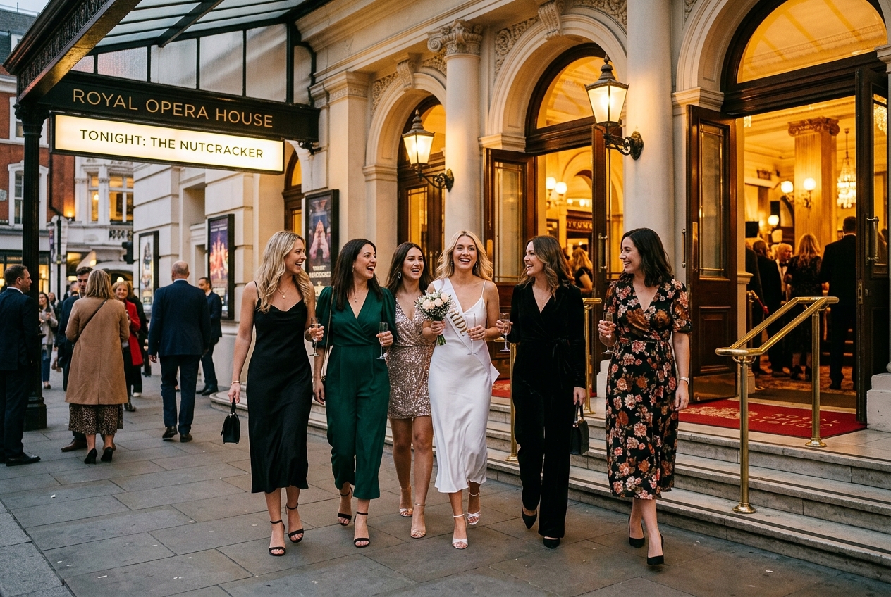 Well-dressed women arriving at a theatre for a hen do, ornate entrance, evening attire, golden light