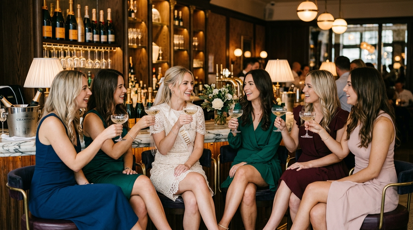 Elegant hen party at a champagne bar, smart dresses, marble bar, champagne coupes, ambient lighting