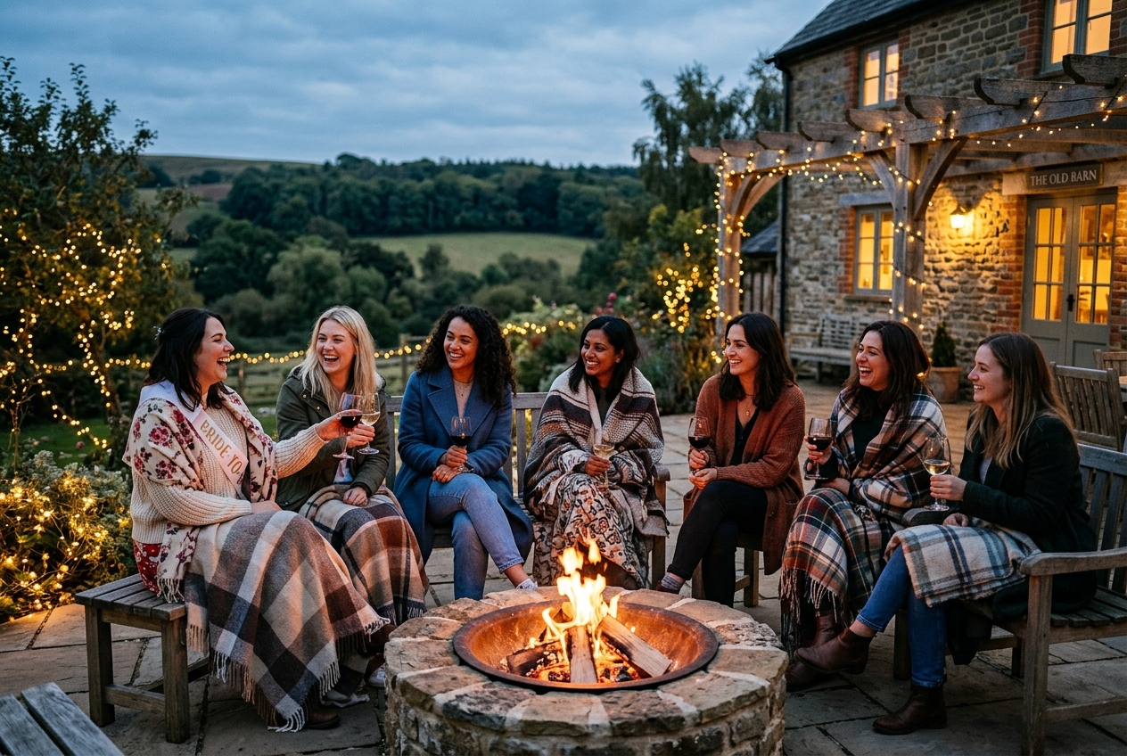 Women at a luxury country cottage, gathered around a fire pit with blankets and wine, rural dusk