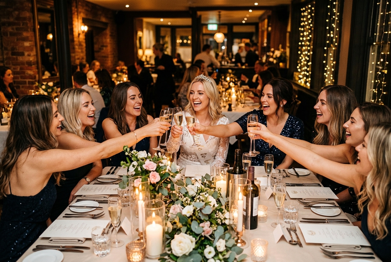 Hen party dinner at a fine dining restaurant, candles and flowers, elegant outfits, toasting