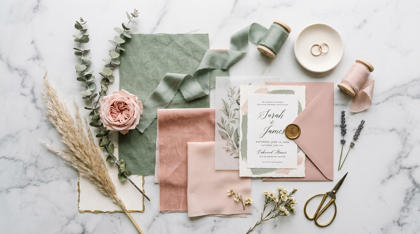 Wedding colour palette mood board — sage green and blush pink swatches, eucalyptus, pink rose, ribbon