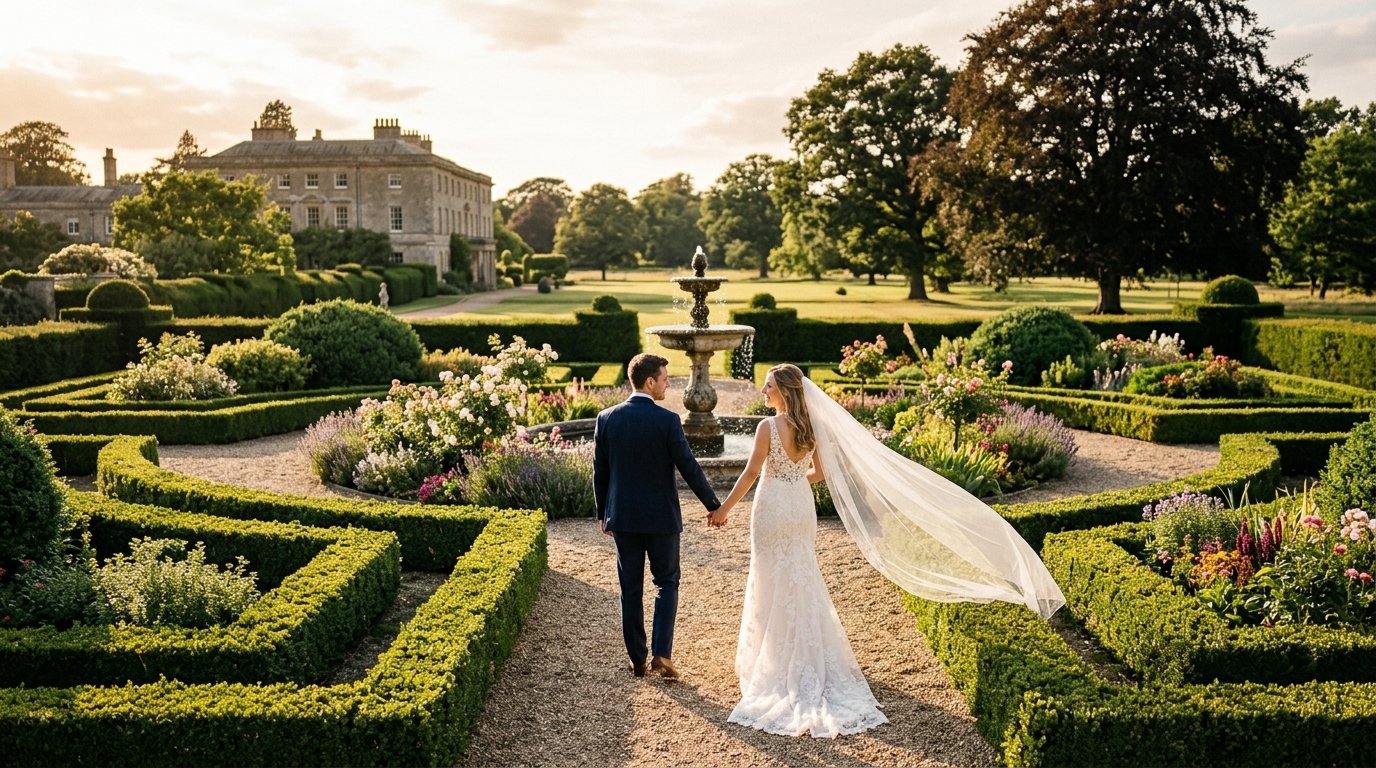 Couple walking through manicured country house grounds with formal gardens, parkland and mature oak trees in background