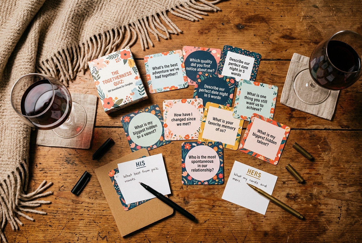 Couples quiz cards spread on a table, colourful questions visible, wine glasses, cosy blanket, warm light