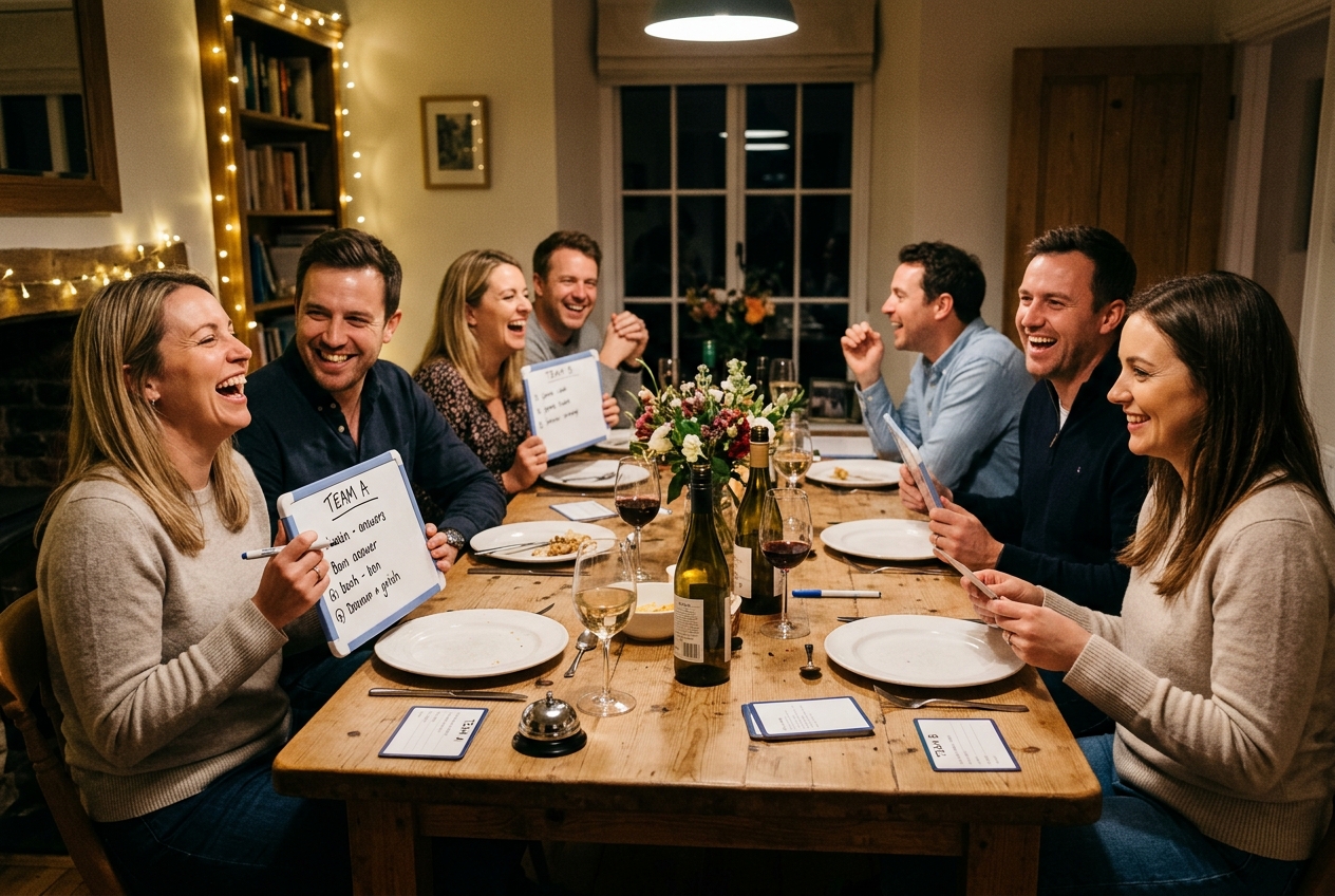 Group of friends playing a couples quiz at a dinner party, couples competing, laughter, warm dining room