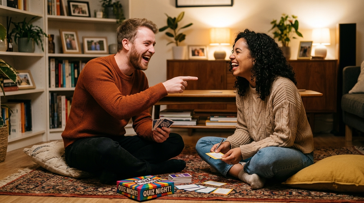 Couple playing a quiz game at home, sitting on the floor with cards, one laughing and pointing