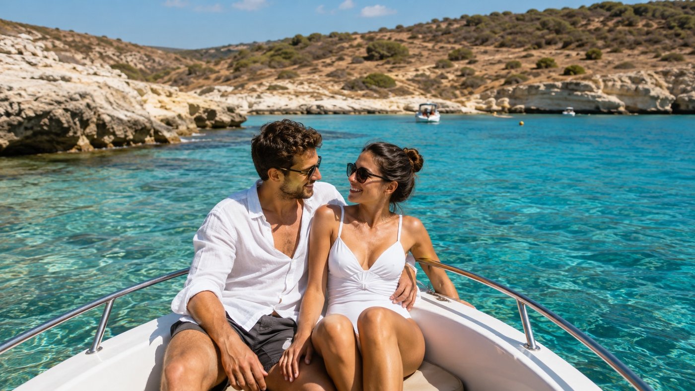 Couple taking a small boat through the clear water of the Akamas coast