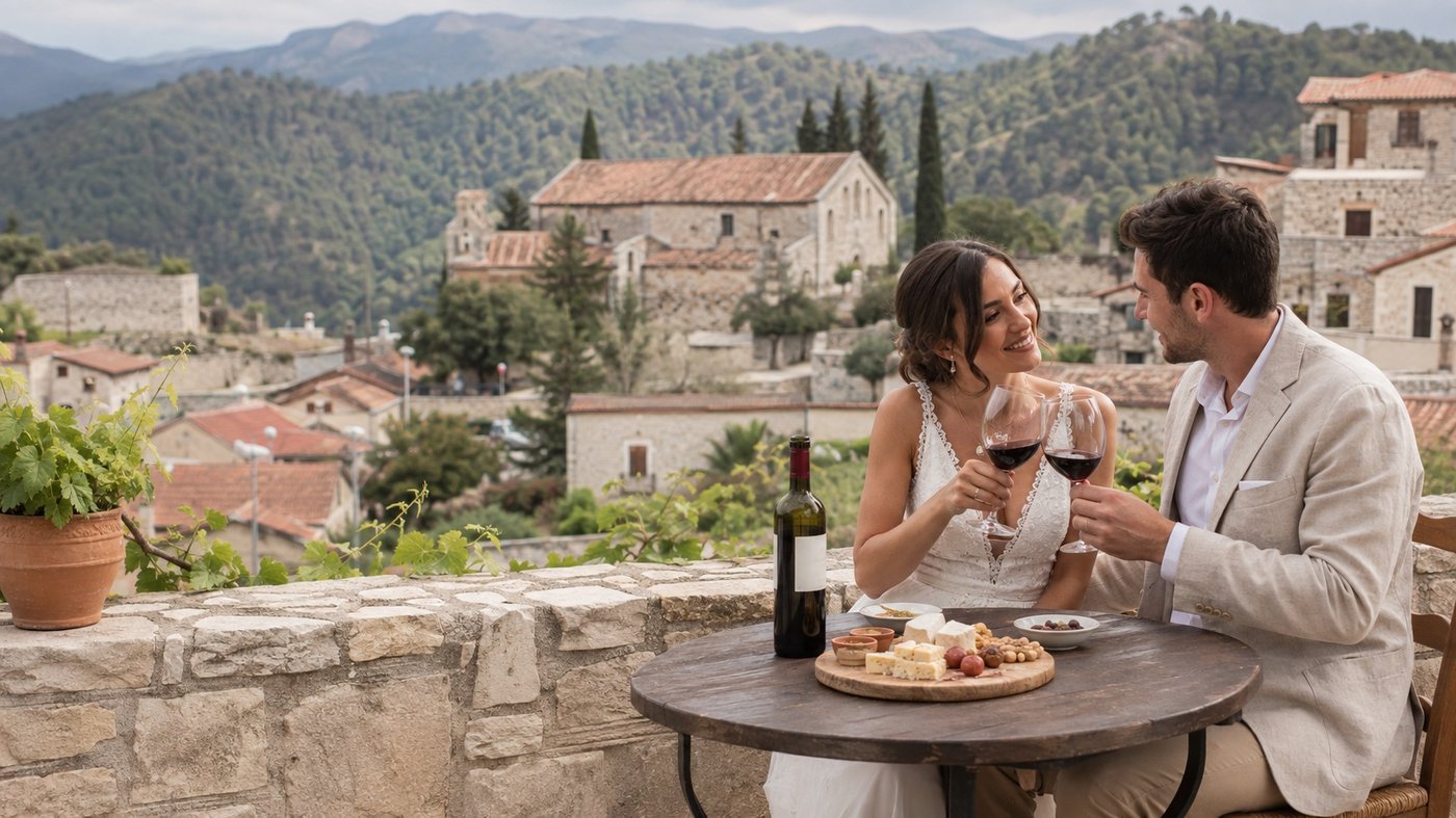 Couple sharing Cypriot wine on a stone terrace in a Troodos village