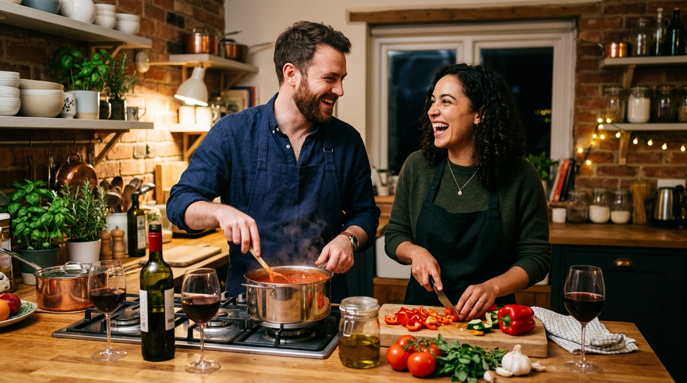 Couple cooking together in their kitchen, laughing, wine glasses on counter, warm lighting