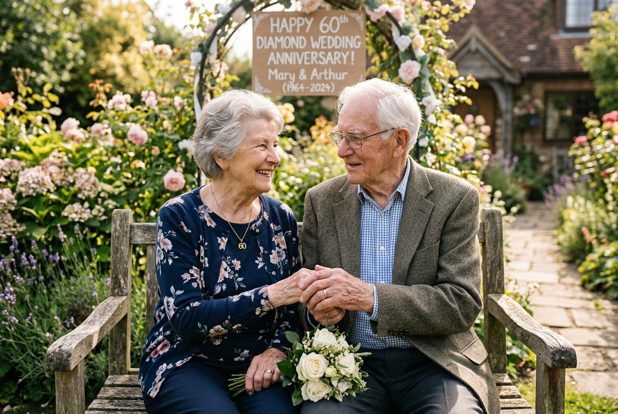 Elderly couple in their 80s sharing a tender moment for diamond anniversary, holding hands, soft light