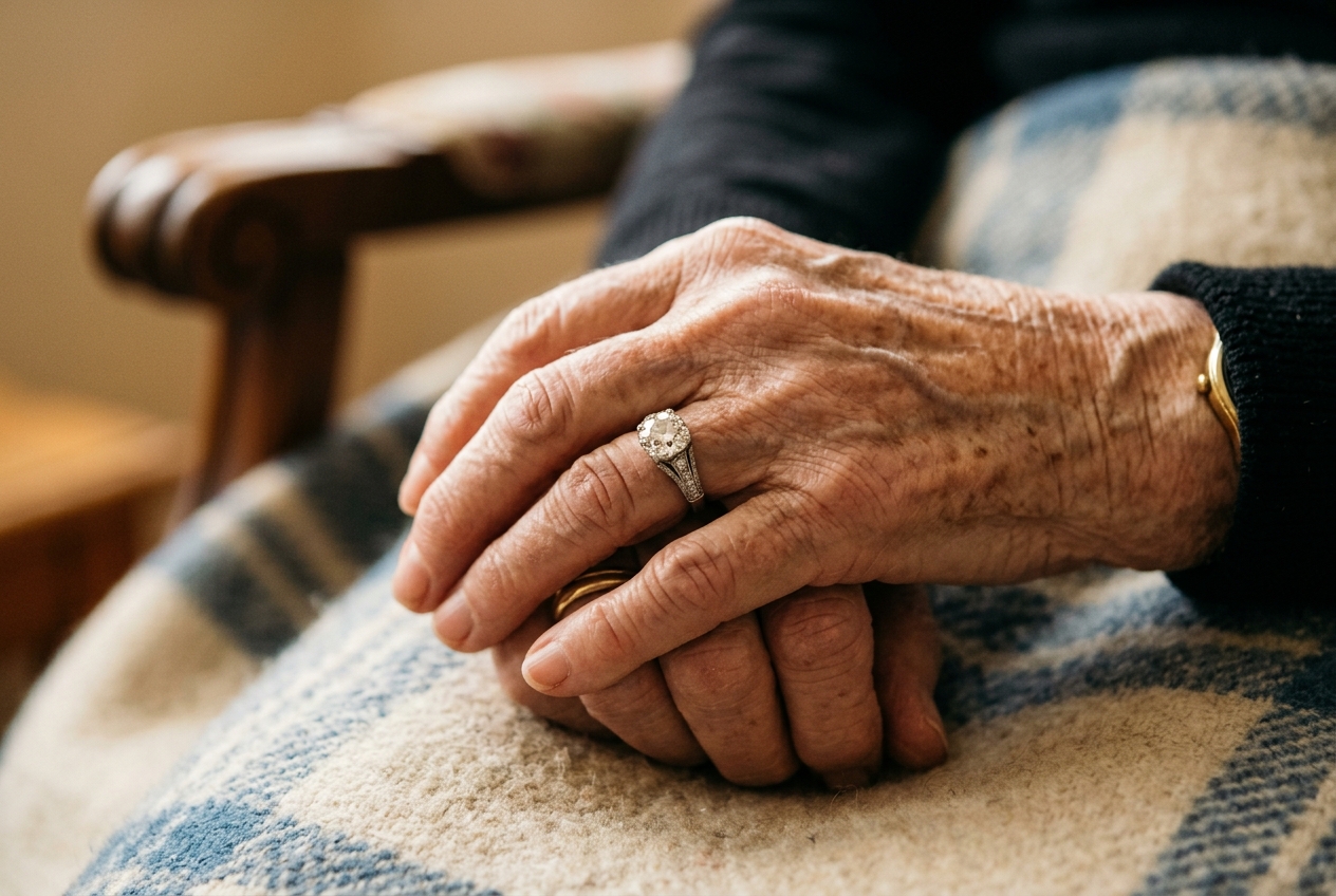 Close-up of a stunning diamond ring on an elderly woman's hand, gentle wrinkled fingers, soft warm light