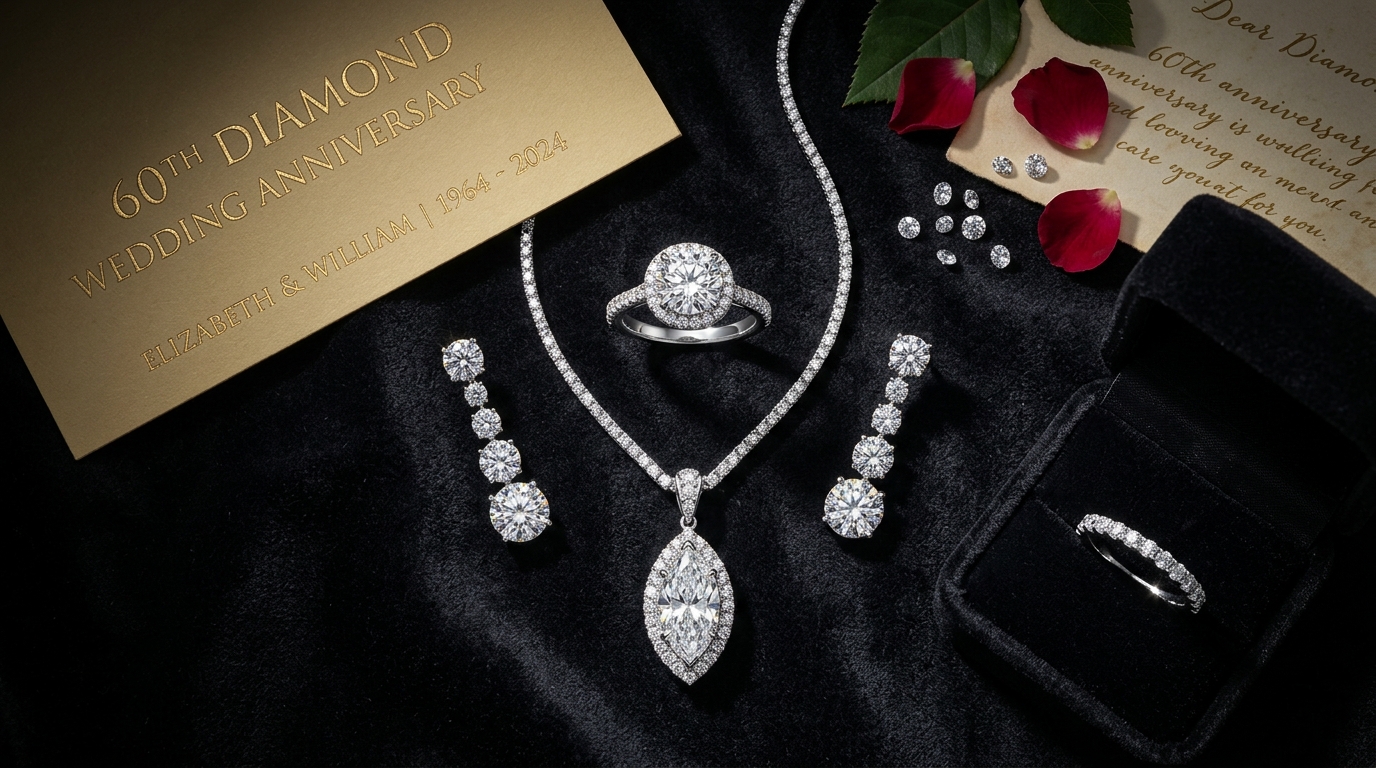 60th diamond wedding anniversary — sparkling diamond jewellery, ring, pendant, earrings on dark velvet