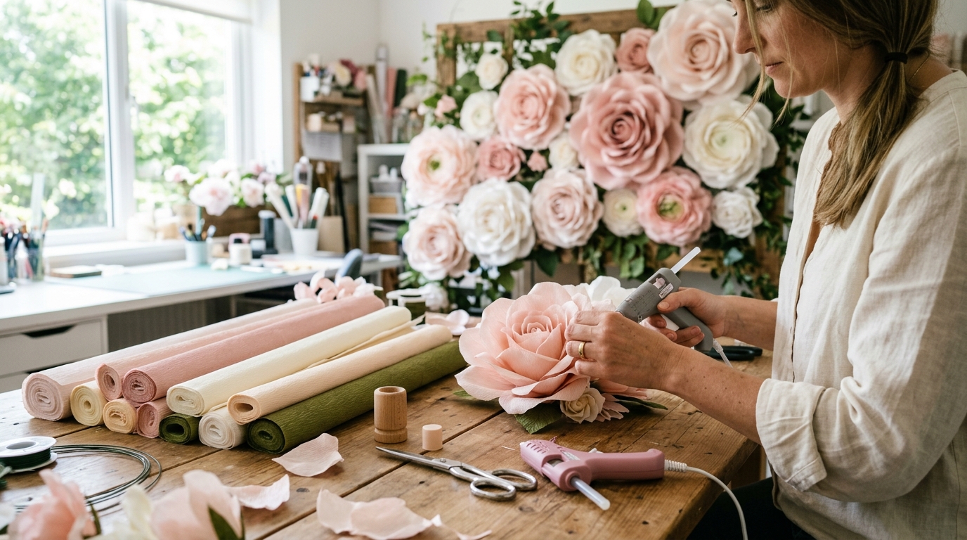 Hands crafting large paper flowers for a wedding backdrop, crepe paper and hot glue gun on a table