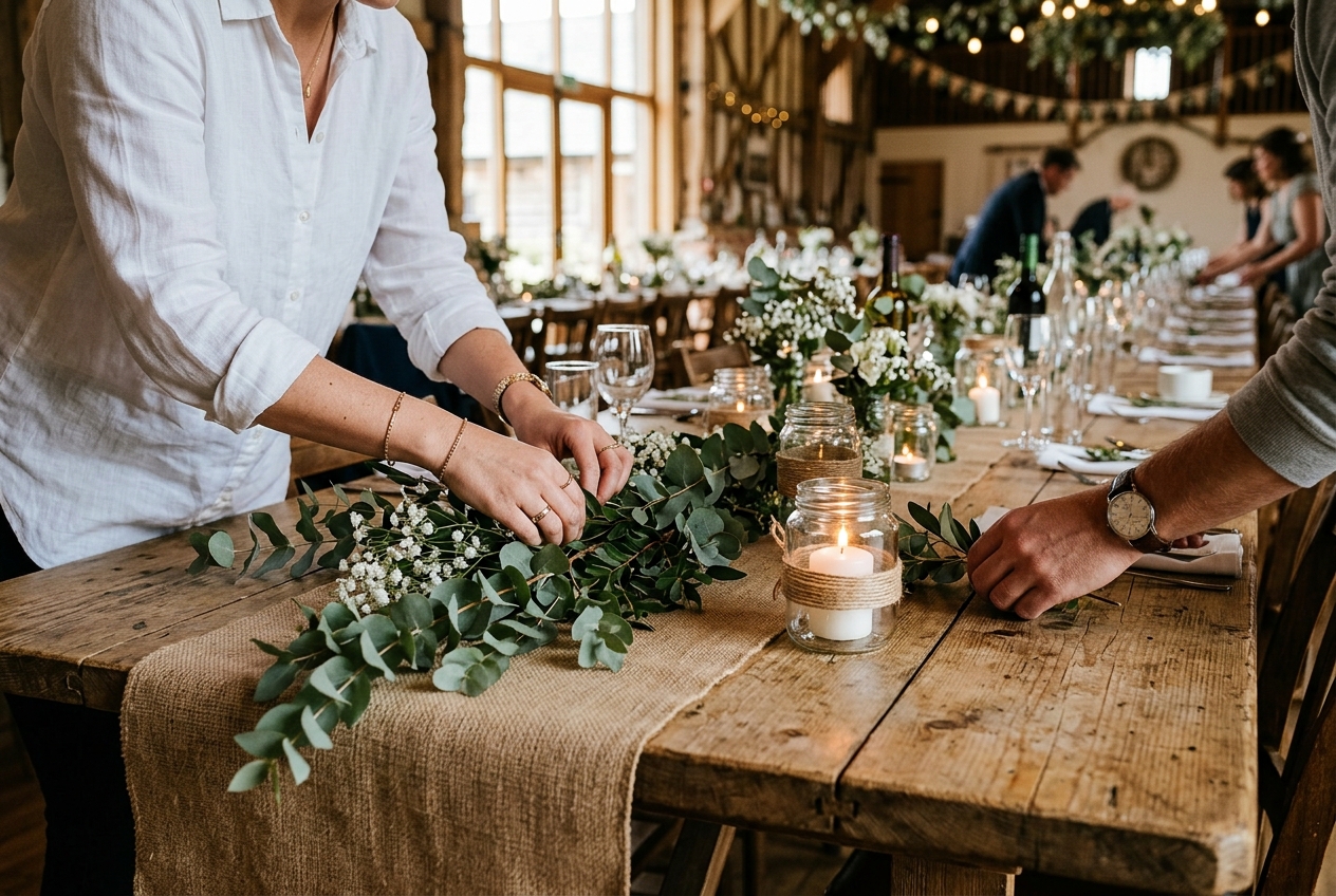 DIY wedding table styling — hands placing eucalyptus on a hessian runner with glass jars and candles