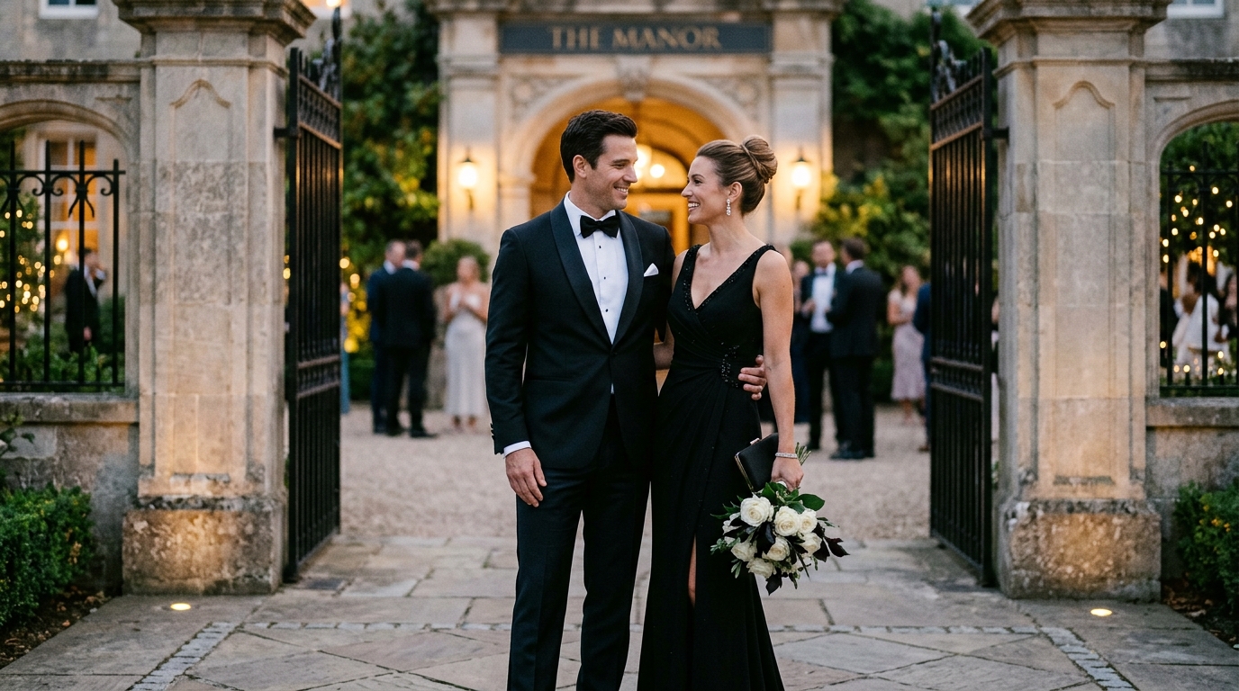 Couple dressed in black tie — dinner jacket with bow tie, floor-length evening gown, venue entrance
