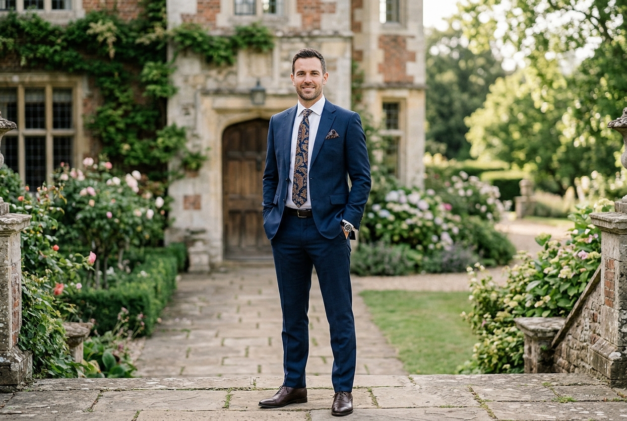 Man in a navy lounge suit with patterned tie and pocket square, outside a country house venue