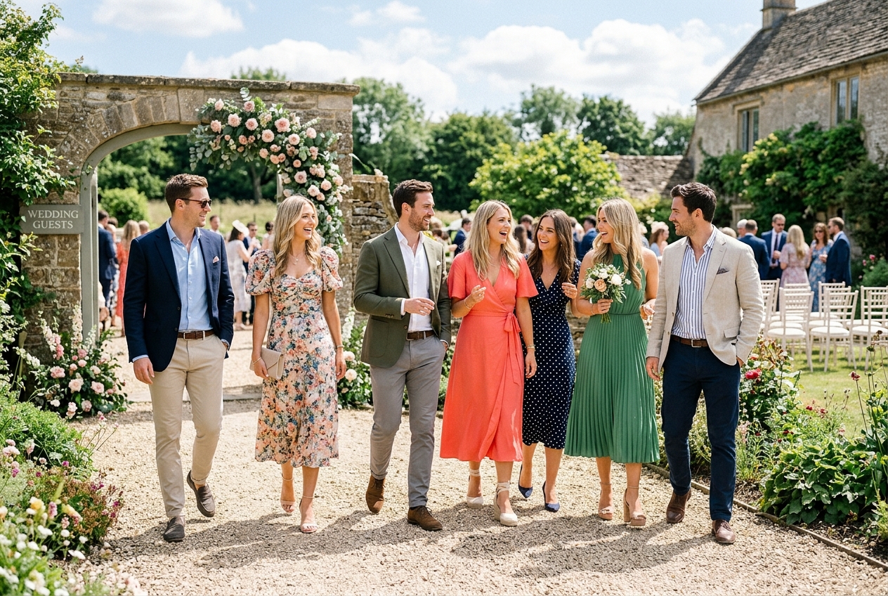 Group of wedding guests in smart casual attire — blazers and chinos, midi dresses — arriving at an outdoor wedding