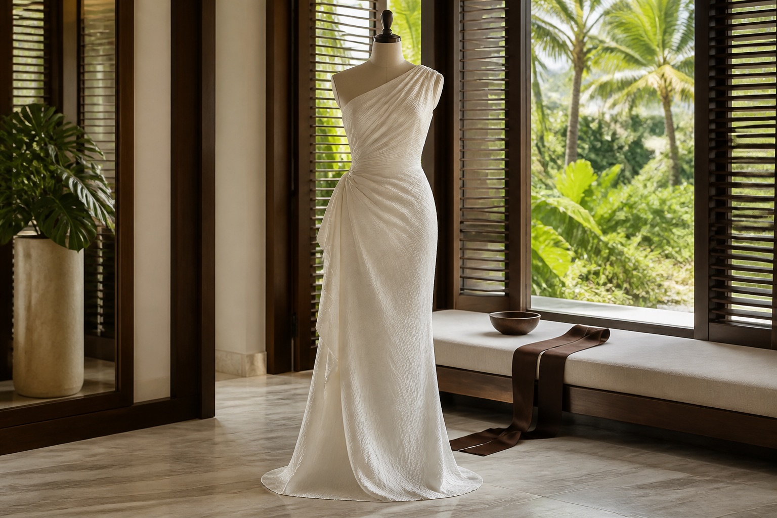 Illustrated sculptural wedding gown displayed in a tropical bridal suite