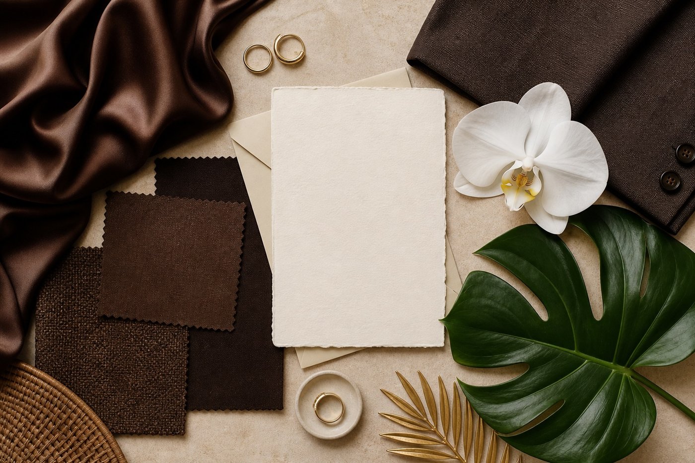 Dark-chocolate fabric swatches with cream stationery, orchids and foliage