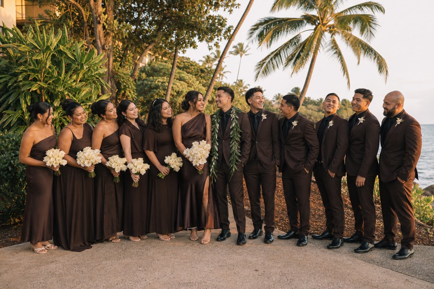 Illustrated wedding party in varied dark-chocolate outfits at a tropical venue