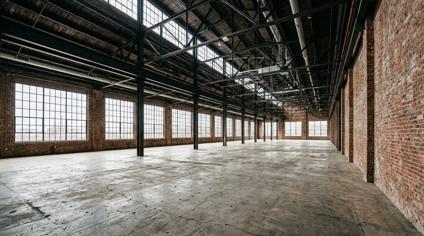 Empty industrial warehouse space with exposed brick walls, concrete floor, high steel-beam ceiling, and large factory windows letting in natural light
