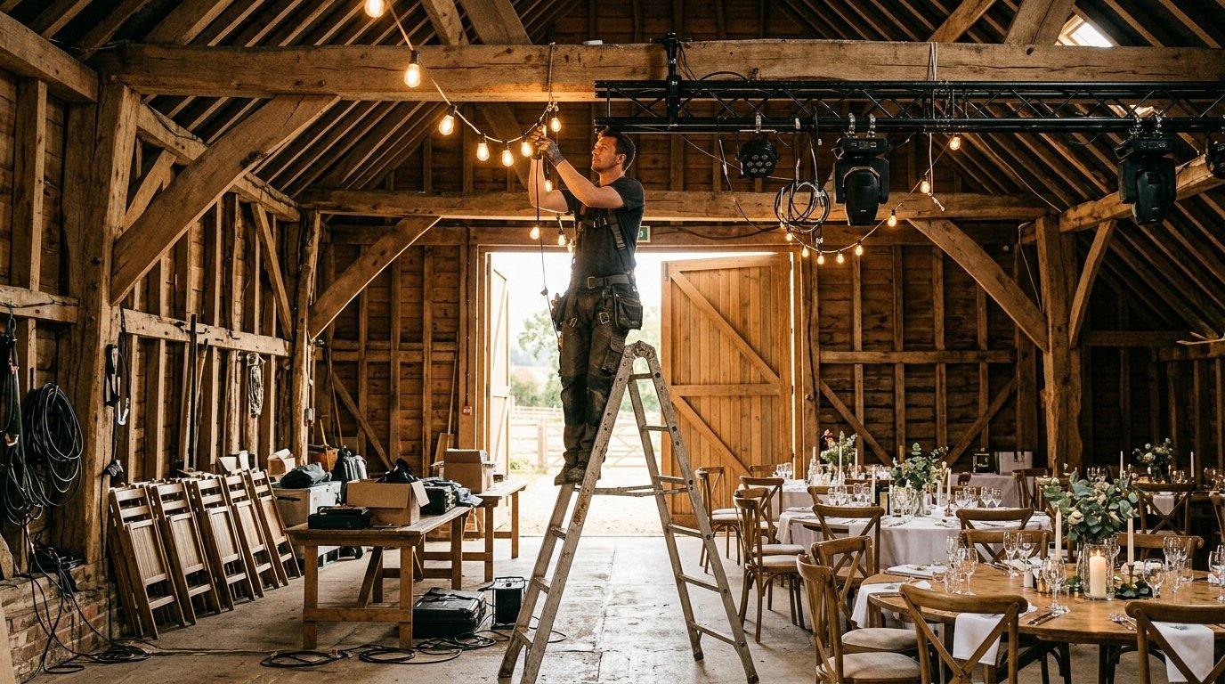 Lighting rig being installed in a rustic barn for a wedding, technician on a ladder hanging festoon lights, exposed wooden beams, barn half-decorated
