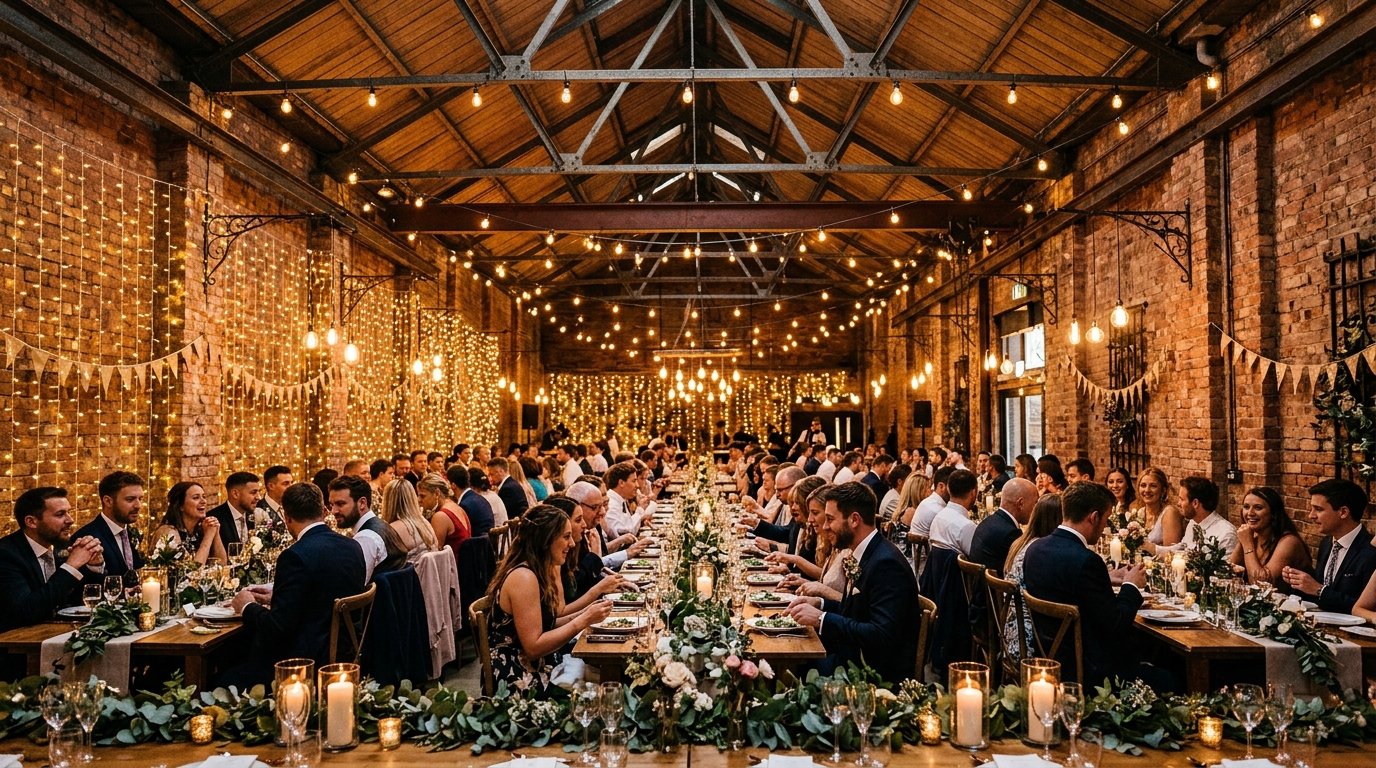 The same warehouse space transformed for a wedding with festoon lighting, long banquet tables with greenery runners, exposed brick with fairy lights, warm amber glow