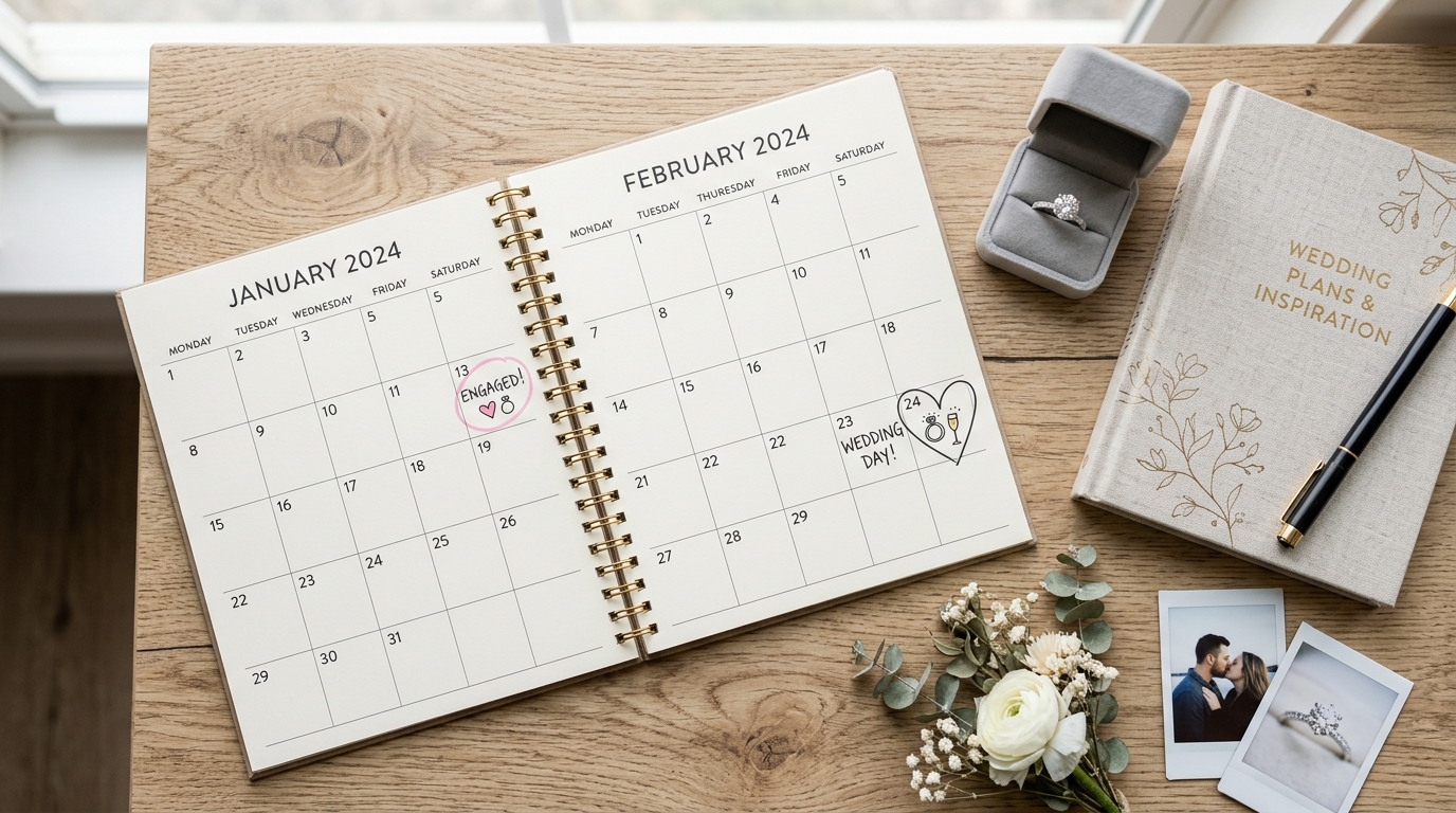 Desk calendar with wedding date circled and engagement date marked, ring and planning notebook