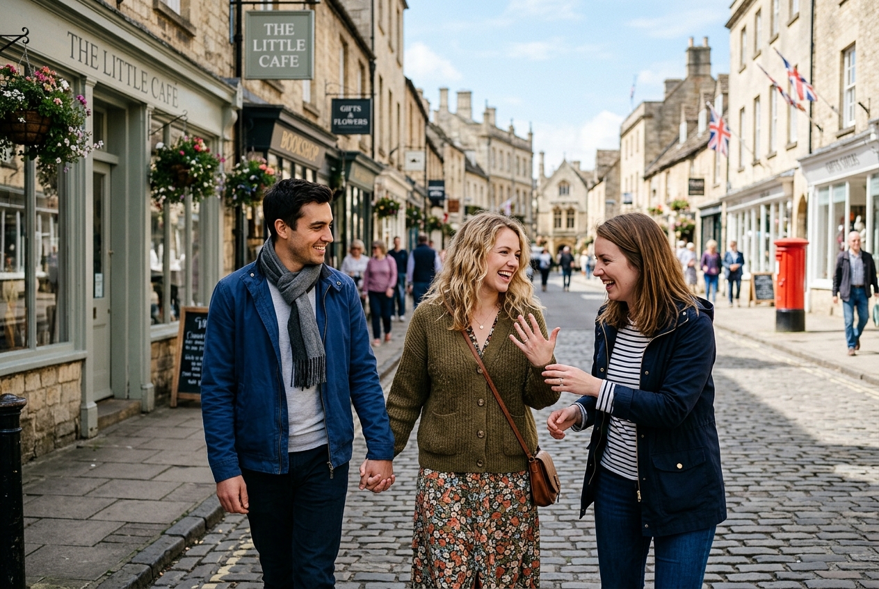 Newly engaged couple walking hand in hand, woman showing ring to a friend, bright daylight