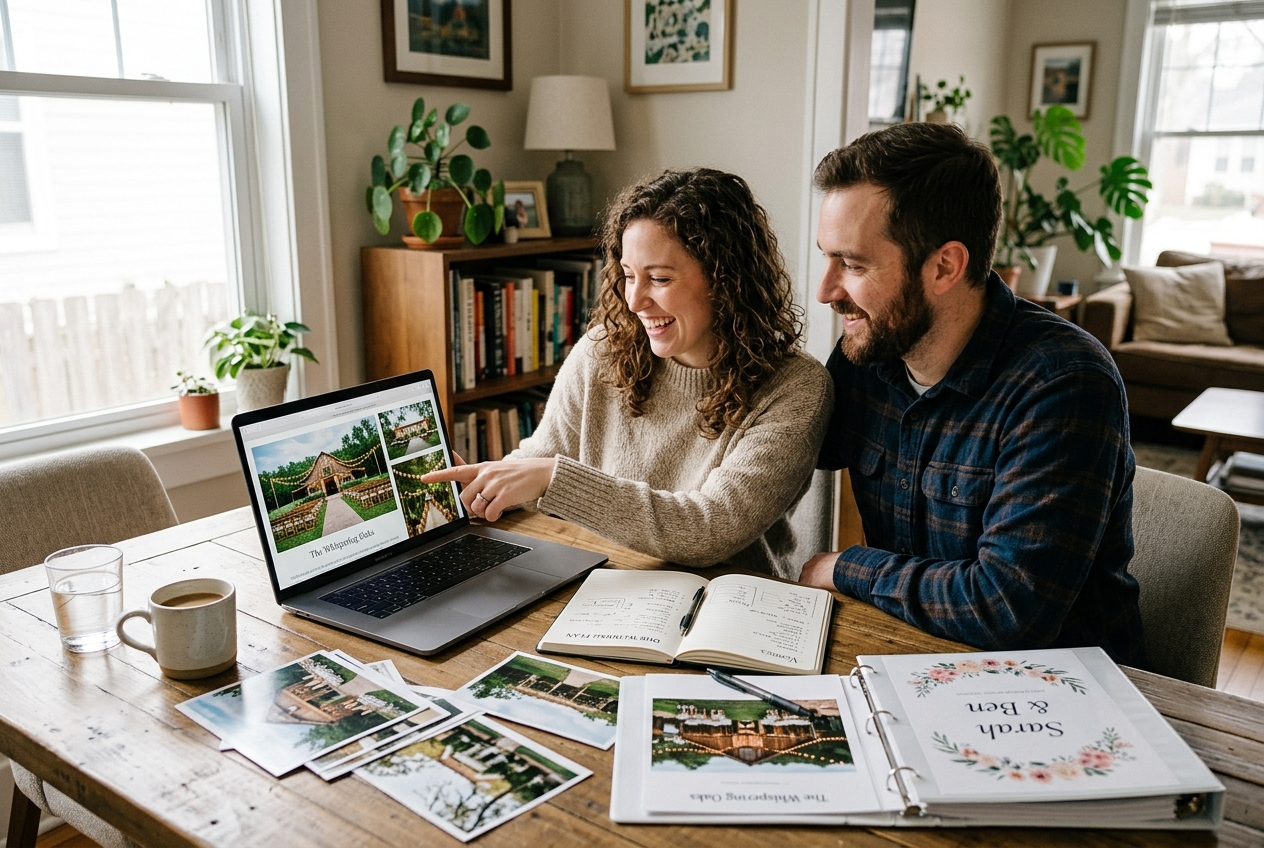 Engaged couple with laptop and planning materials, looking at venue photos, relaxed and excited