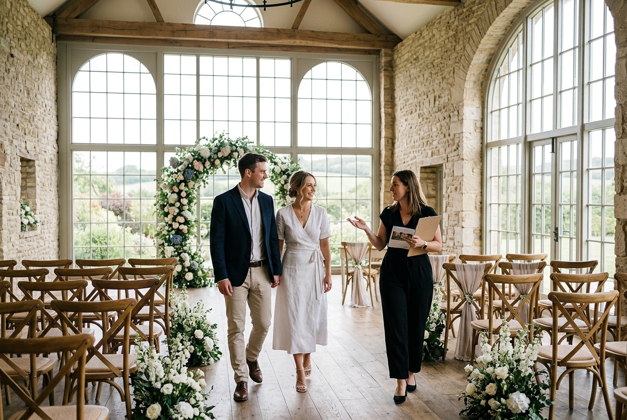 Engaged couple walking through a wedding venue on a viewing tour, coordinator showing ceremony room