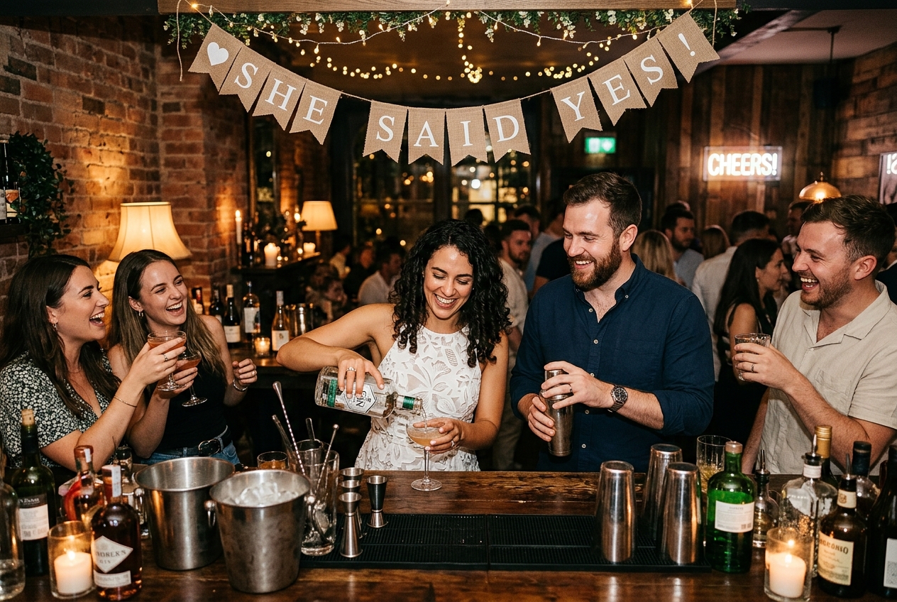 Newly engaged couple at a cocktail bar pouring drinks for friends, 'She said yes' banner, warm light