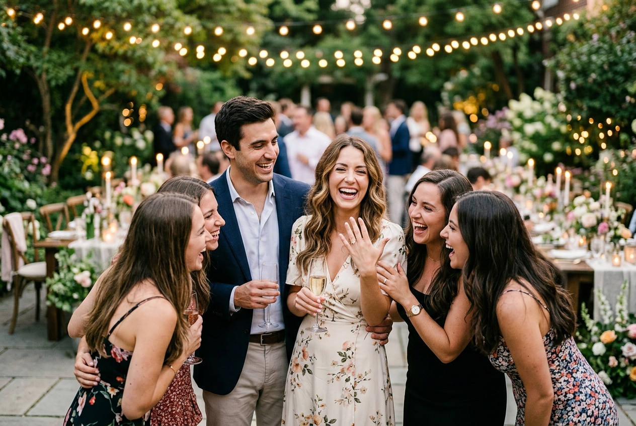 Engaged couple at their party, woman showing ring to excited friends, laughter, garden setting