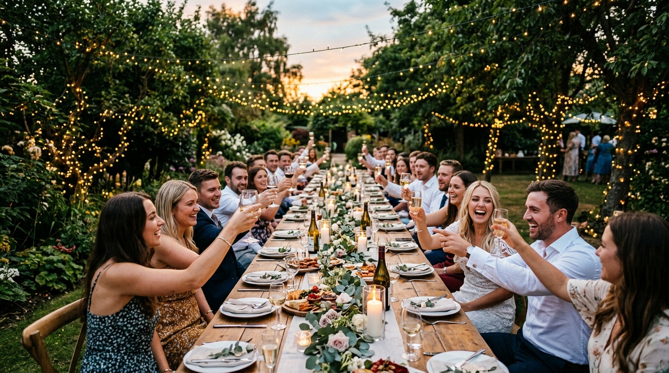 Engagement party in a garden, long table with food, fairy lights between trees, guests toasting, summer evening