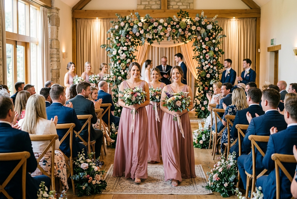Bridesmaids walking down the aisle in matching dresses with bouquets, floral arch, natural light