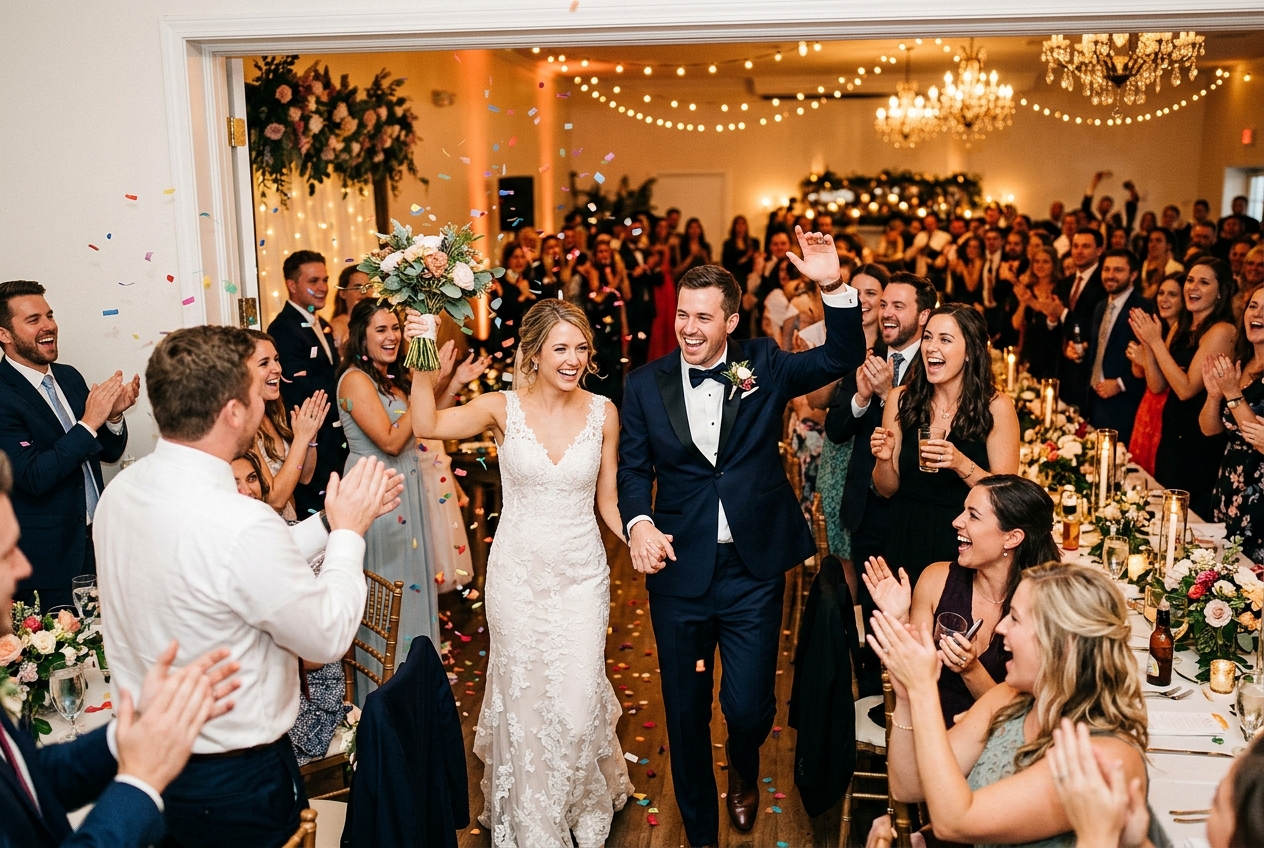Bride and groom making grand entrance into reception, guests cheering, confetti, warm lighting