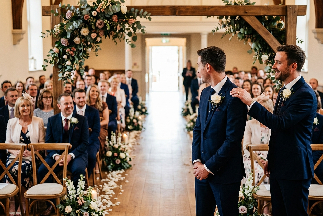 Groom standing at the front waiting for the bride, best man beside him, nervous and excited