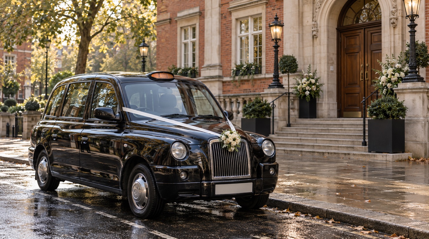 Black London cab with a floral ribbon outside a civic wedding venue