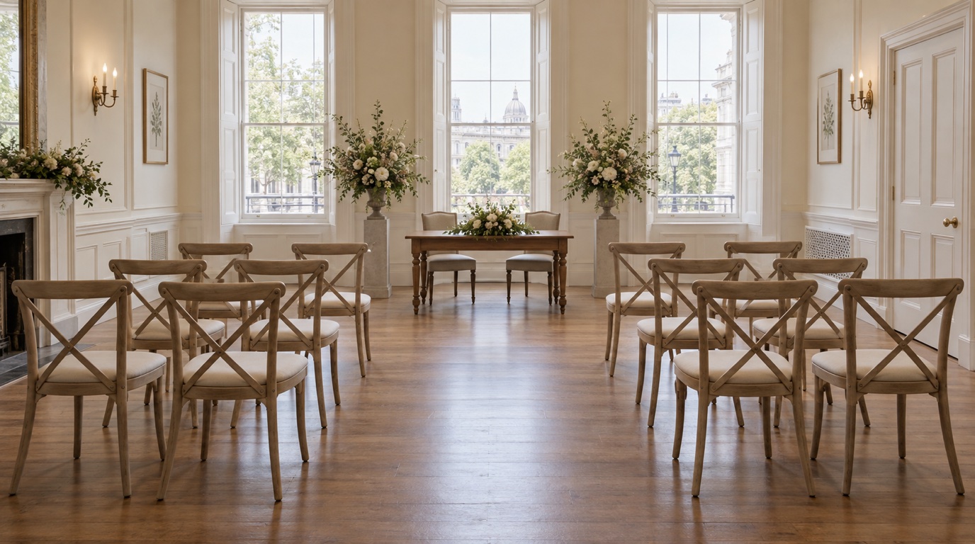 Small civil wedding room with guest chairs, a signing table and simple flowers