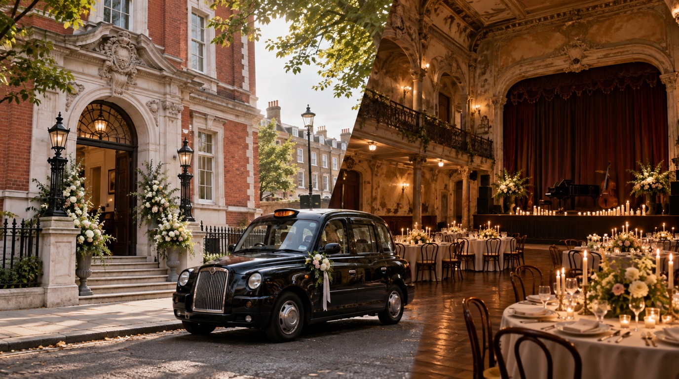 London black cab linking a small town hall wedding with a historic music hall reception