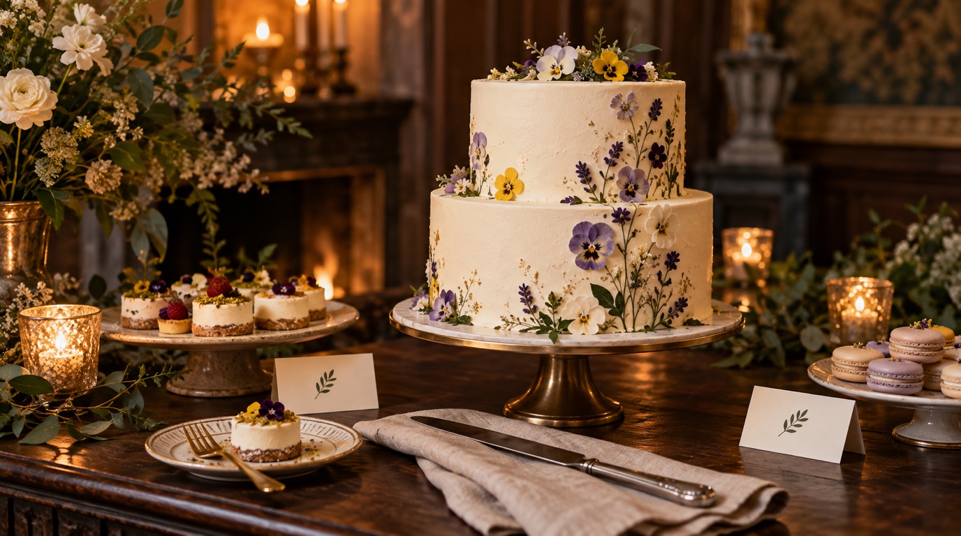 Two-tier wedding cake with edible flowers, small desserts and dietary place cards