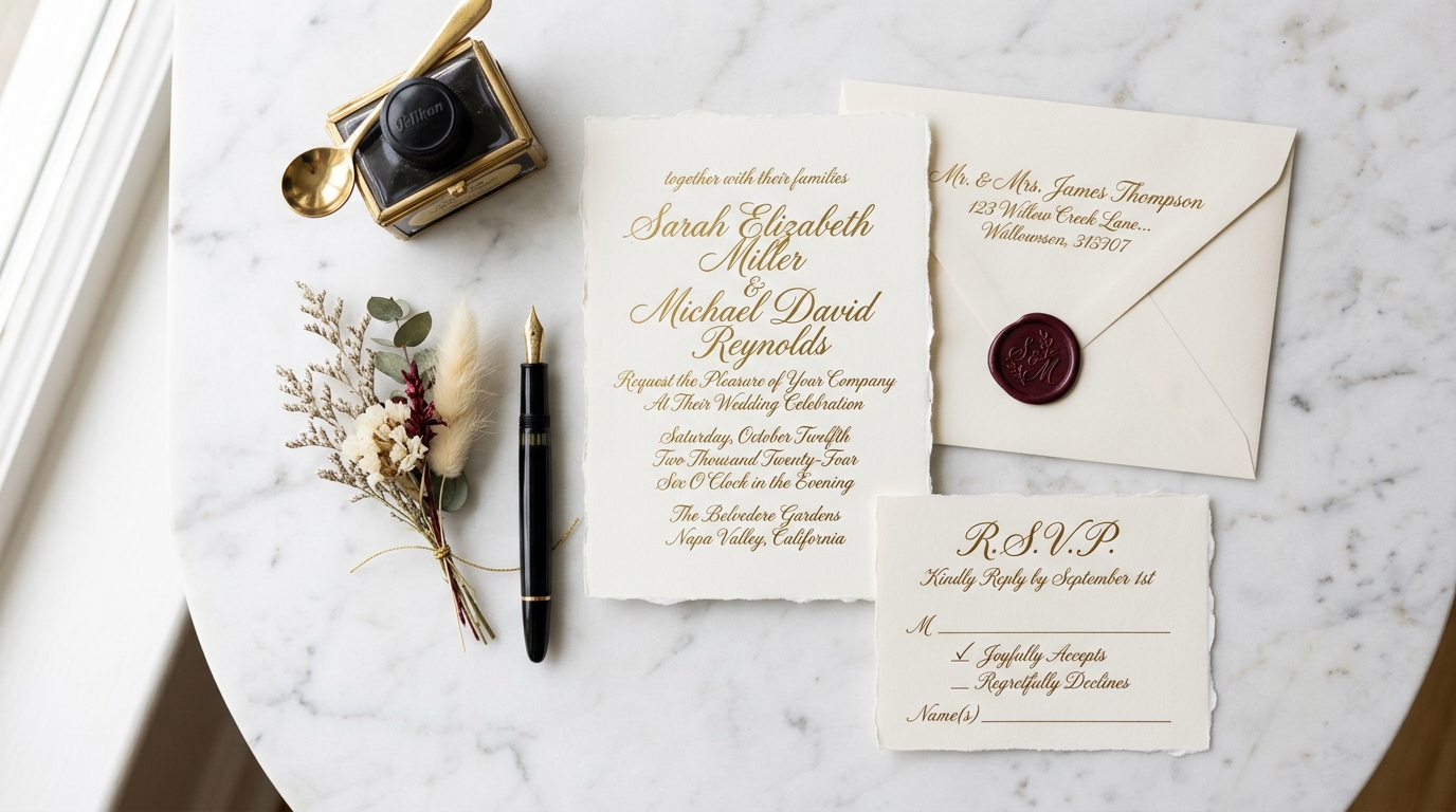 Elegant evening wedding invitation with gold calligraphy on cream card stock, wax seal and dried flower