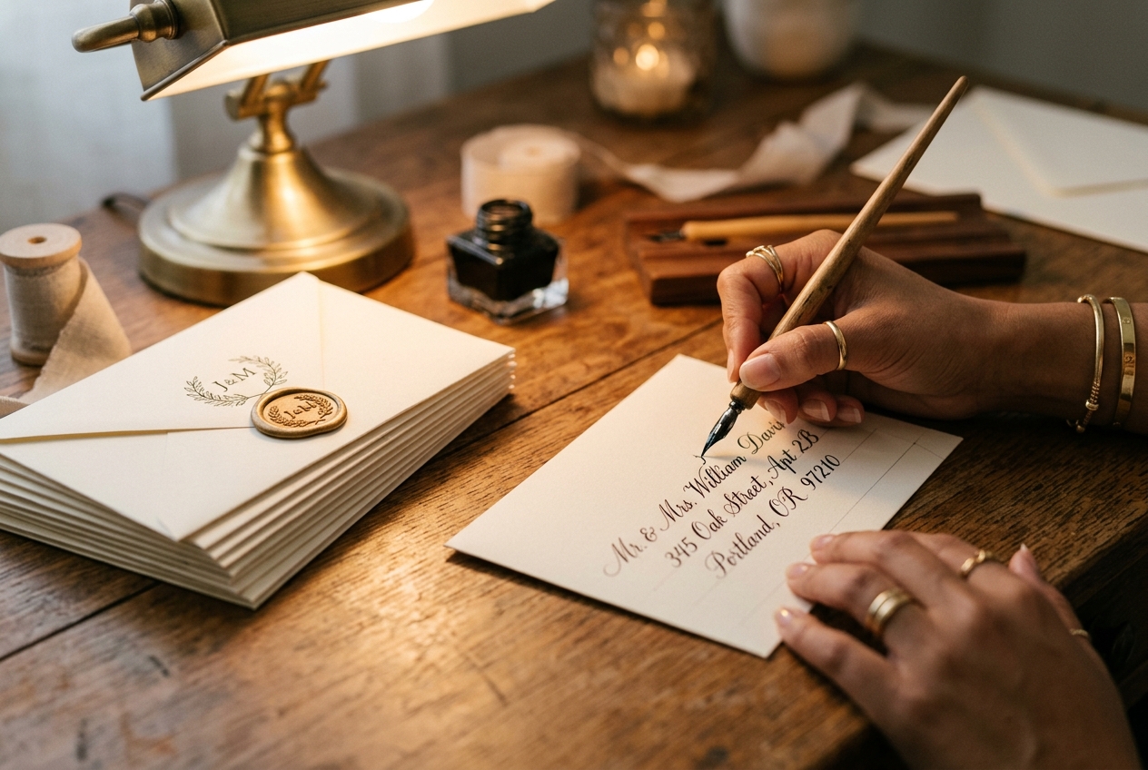 Close-up of a hand addressing a cream wedding envelope with black ink calligraphy