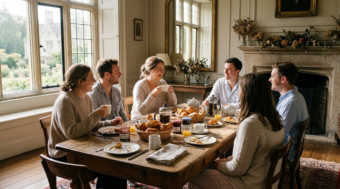 Morning-after breakfast at an exclusive use venue, small group of wedding guests at a long farmhouse table with morning light