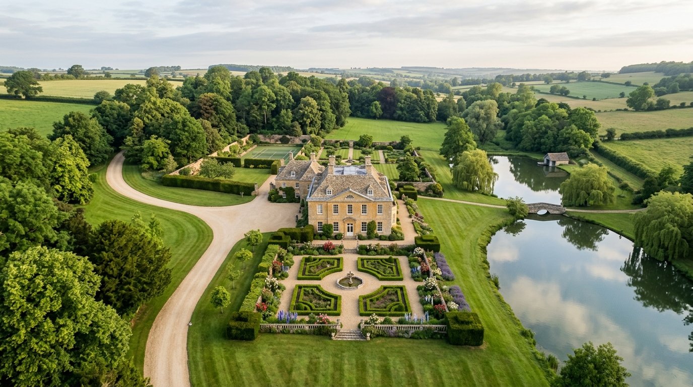 Aerial view of a private English country estate with Georgian manor house, lake, and long gravel driveway