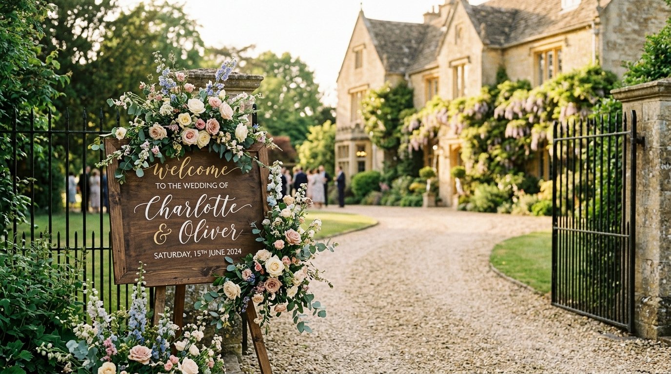 Personalised welcome signs at the entrance of an English country house wedding venue with wisteria and iron gates