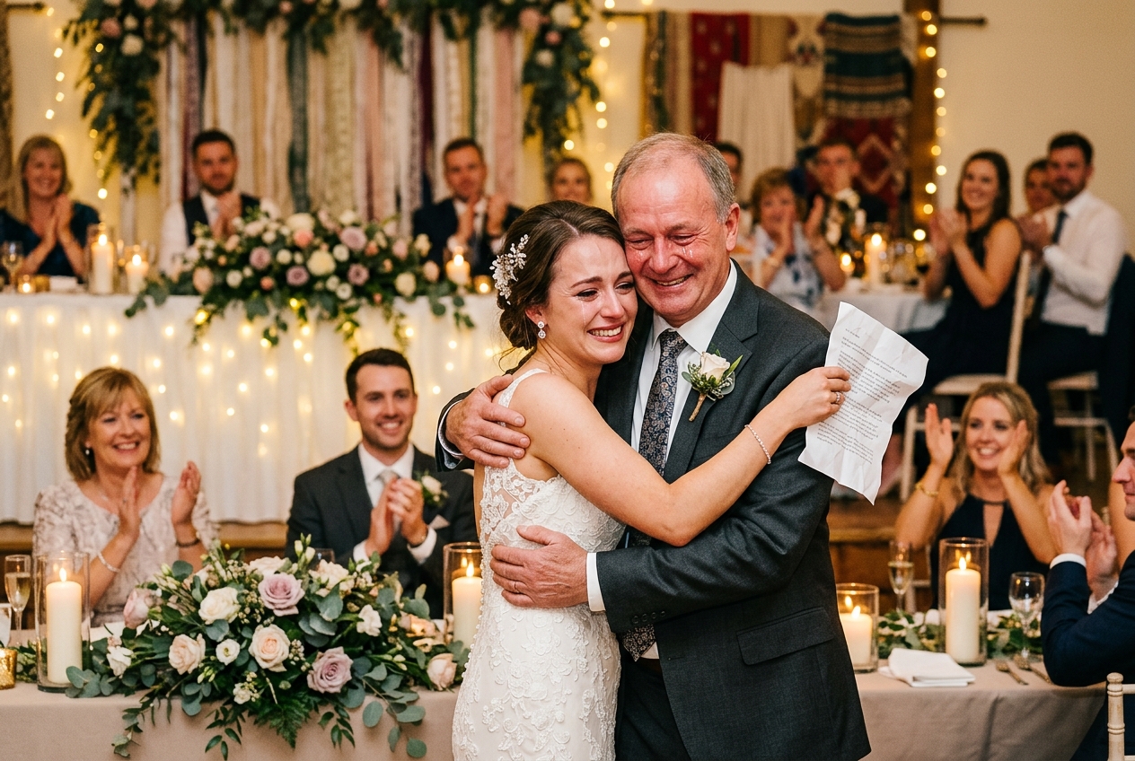Father of the bride and his daughter sharing a hug after his speech, both tearful, guests applauding