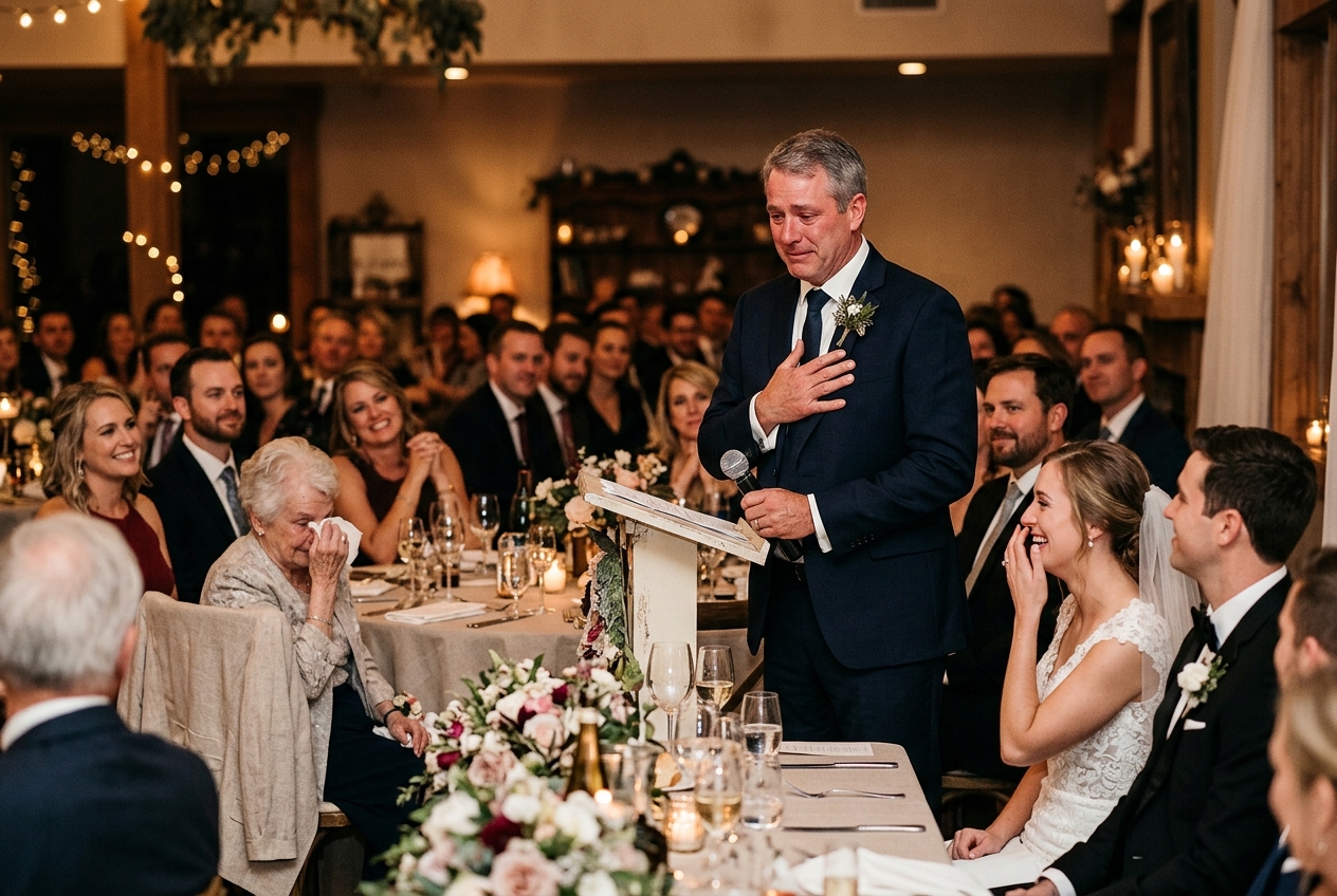 Father of the bride pausing during his speech, getting emotional, hand on heart, the room watching with affection