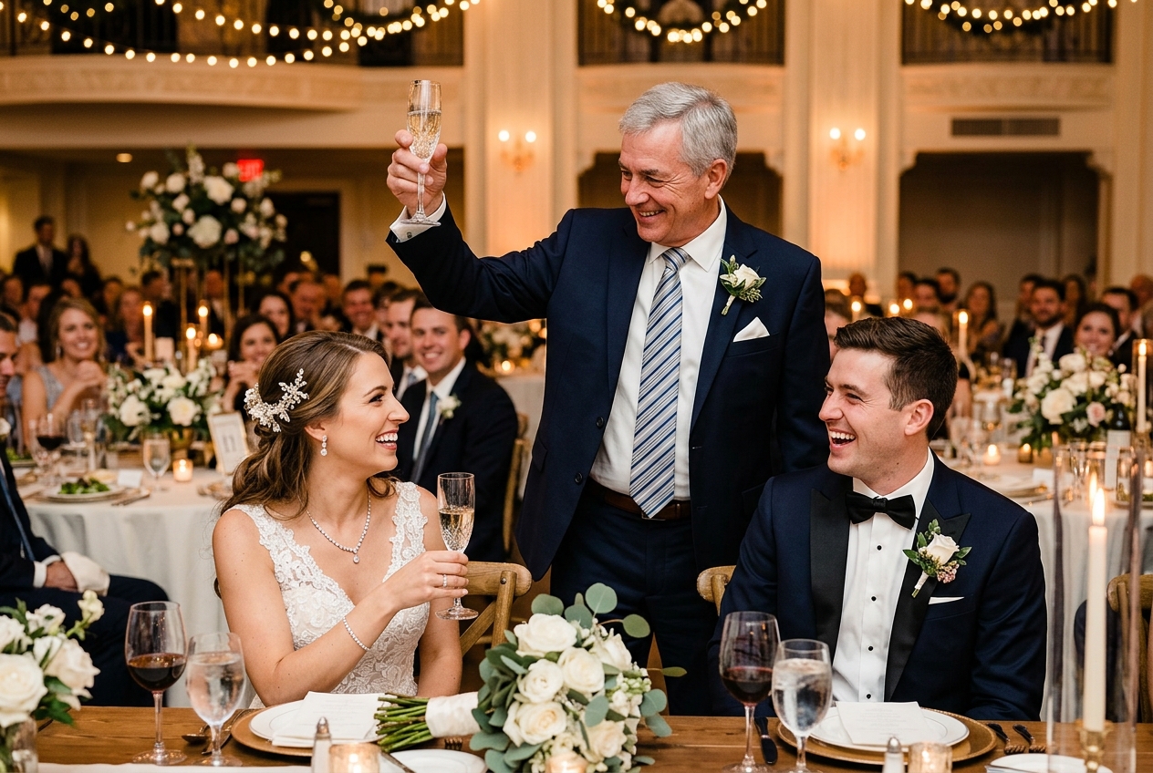 Father of the bride raising his glass and looking at the couple, both smiling back