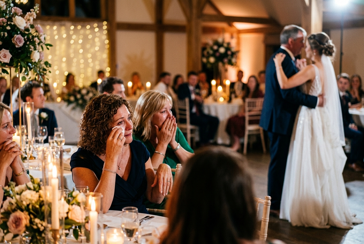 Wedding guests watching the father-daughter dance, emotional reactions, some wiping tears, candlelit