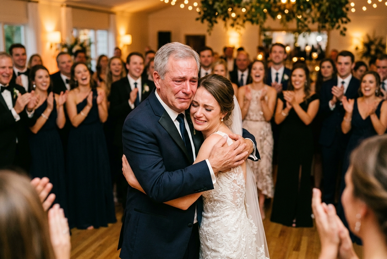 Father and bride hugging on the dance floor, both emotional, guests applauding, warm golden light